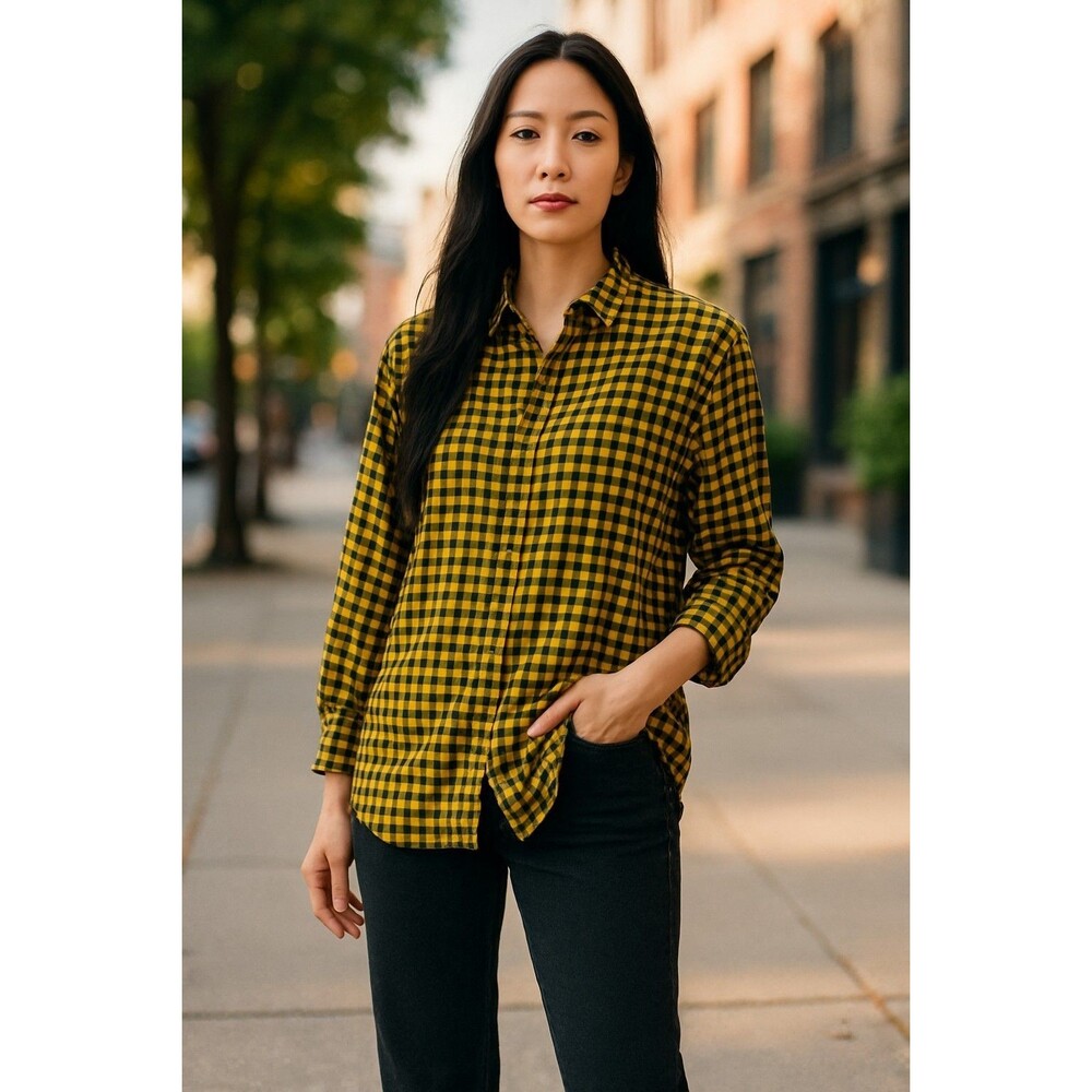 Vintage Indygo Kenar Yellow and Black Flannel Shirt Womens Free Size 100% Cotton - Picture 2 of 7